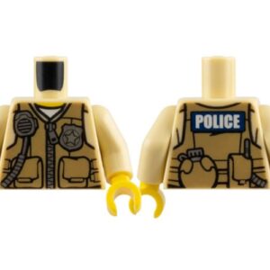 973pb1886c01 – Torso Police Shirt with Dark Tan Vest with Pockets, Silver Radio and Badge, Zipper and 'POLICE' Pattern on Back / Tan Arms / Yellow Hands