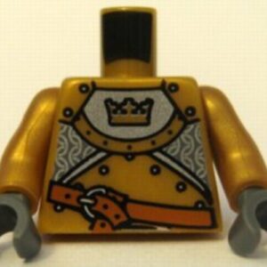 973pb0569c01 – Torso Castle Fantasy Era Gold Knight Armor with Crown, Dark Orange Belt with Silver Buckle Pattern / Pearl Gold Arms / Dark Bluish Gray Hands