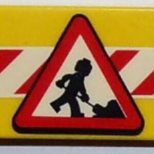 87079pb0222 – Tile 2 x 4 with Road Sign Construction Worker on Red and White Danger Stripes Pattern