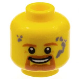 3626pb1466 – Minifigure, Head Dark Orange Eyebrows, Goatee, and Moustache, Dark Bluish Gray Splotches, Open Mouth Smile with Teeth Pattern