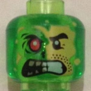 3626pb1346 – Minifigure, Head Alien Split Face Angry, Normal Left Side with Yellow Skin and Stubble, Burned Right Side with Red Eye Pattern